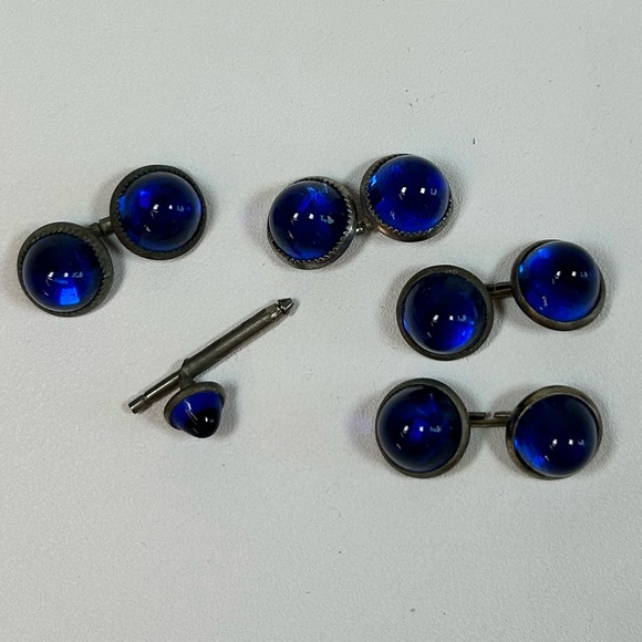 Vintage Two Pairs + Cobalt Blue Glass Chain Link Cufflinks Domed Art Deco - Picture 8 of 8